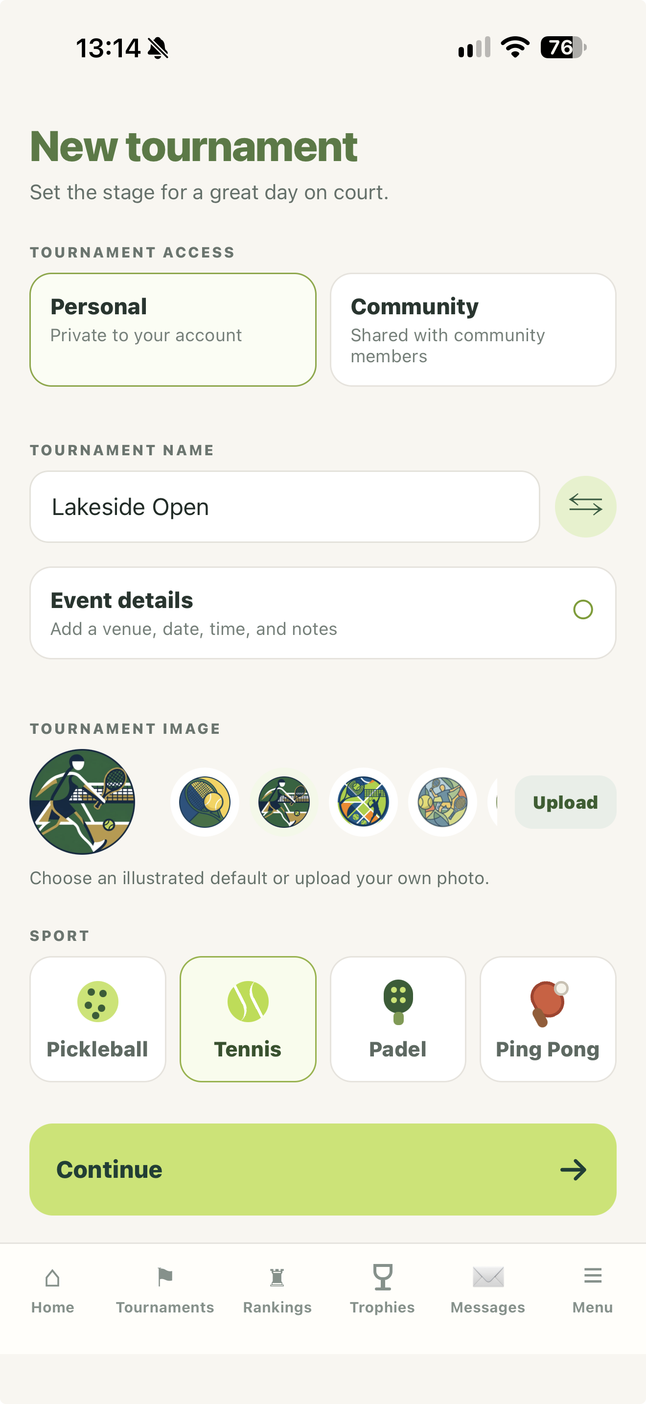 Courtira tournament creation screen showing supported sports