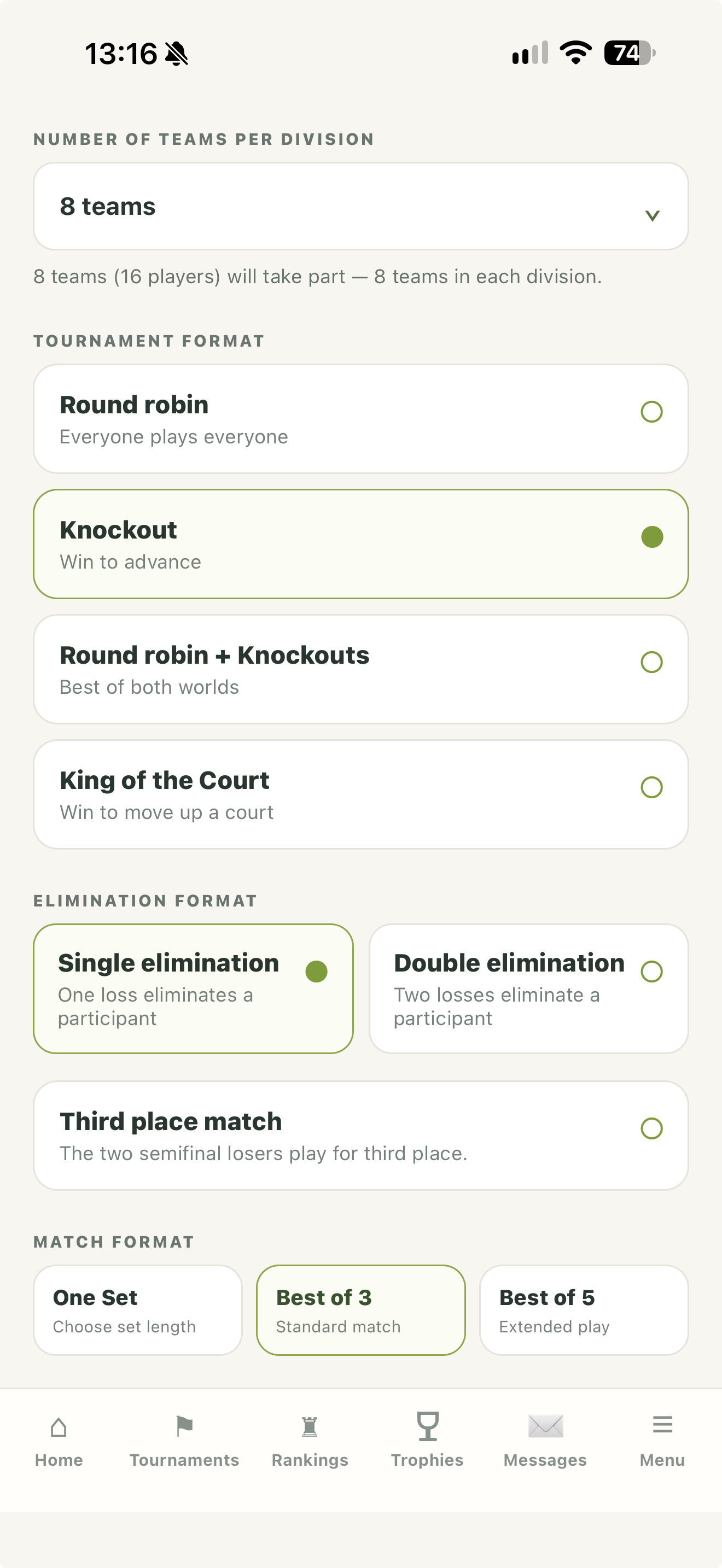 Courtira tournament format selection screen